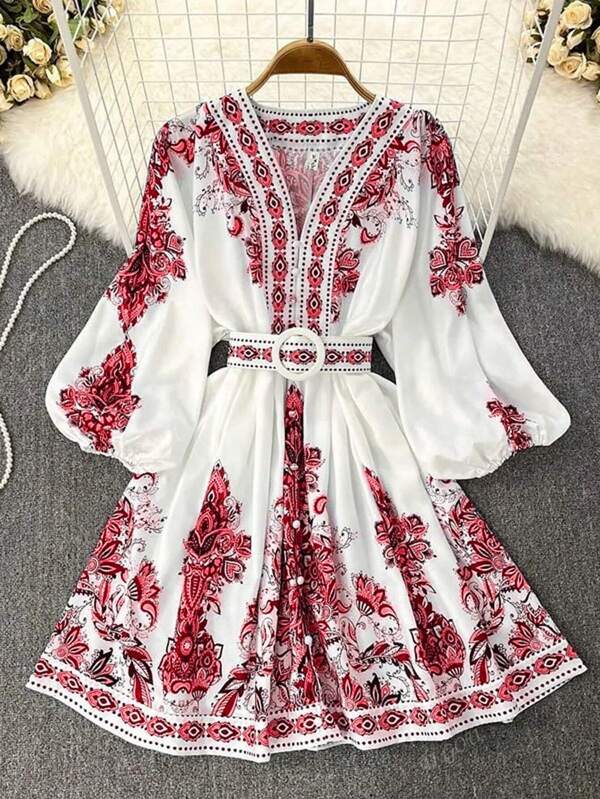 Rochie de damă scurtă cu mânecă lungă, la modă, cu decolteu în V, tip boem, imprimat, rochie roșie cu nasturi decorative, rochie elegantă, ținută de festival