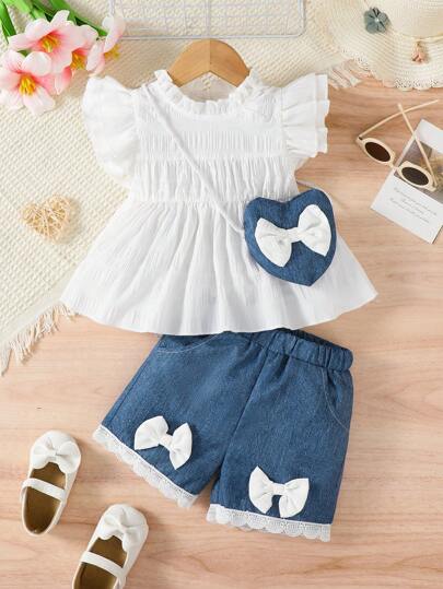 2pcs/Set Baby Girls Casual Fashion White Double Ruffle Cap Sleeve Dress & White Floral Lace Trim Shorts With Bow Decor & Pockets, Summer Outfit With Mini Bag