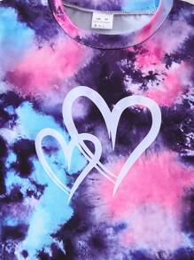 Young Girls 2pcs, Tie Dye Pattern Heart Print Short Sleeve T-Shirt + Shorts Set Outdoor - Multicolor - View 4