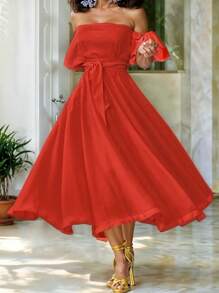 Women's Off-The-Shoulder Long Dress With Adjustable Belt And Puff Sleeves - 柑橘 - 查看 3