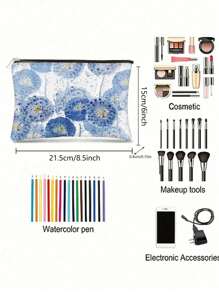 Fashionable Indigo Blue Dandelion Floral Makeup Bag - Foldable Lightweight Cosmetic Organizer Bag With Double-Sided Print, Lining And Zipper, Suitable For Women And Girls Travel Essentials Travel Accessories Travel Must Haves