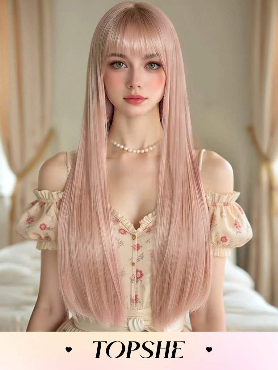 时尚 26 英寸长直发粉色女士合成耐热纤维假发带全刘海适合音乐节日常、度假和旅行使用 - 粉色 - 查看 1