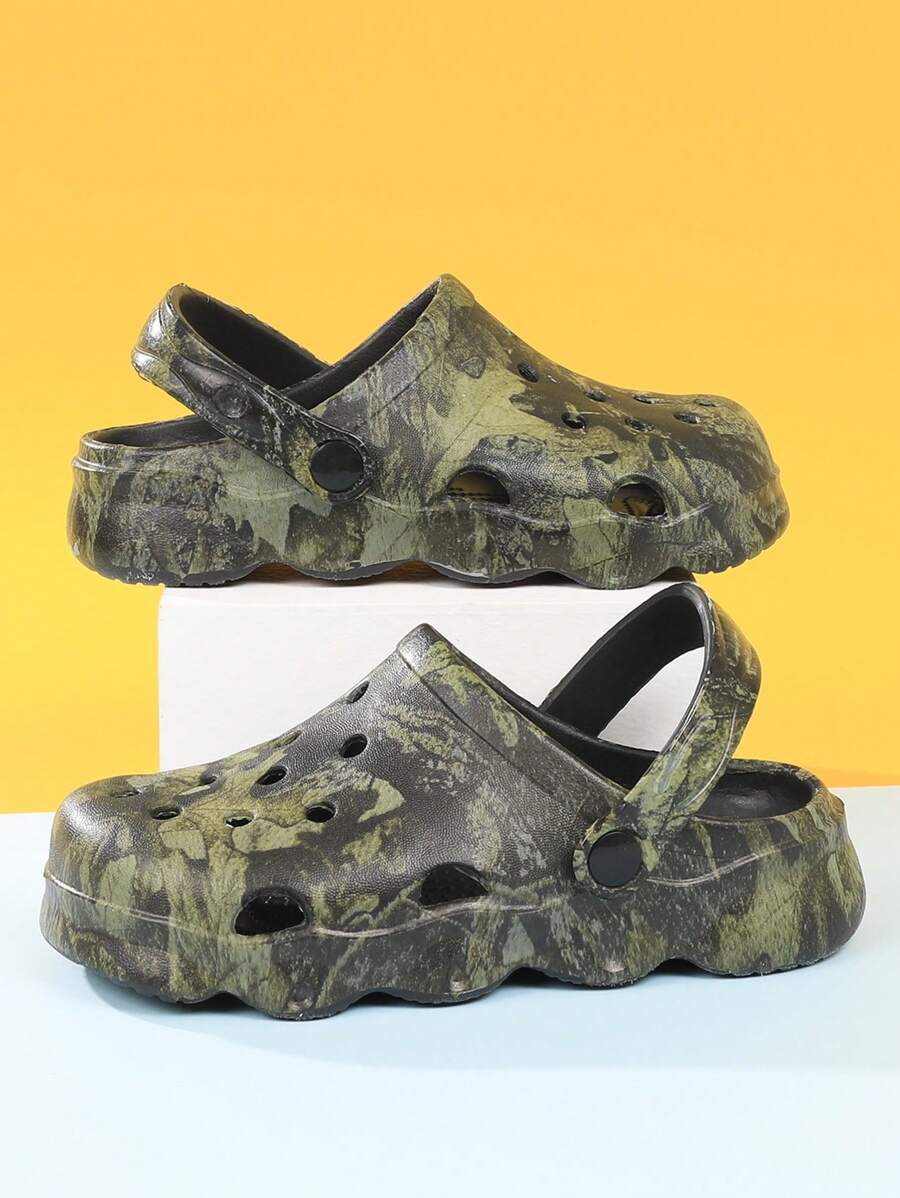 儿童卡通印花木屐，休闲透气防滑软底恐龙印花凉鞋，男女童均适用 - 橄欖綠 - 查看 1