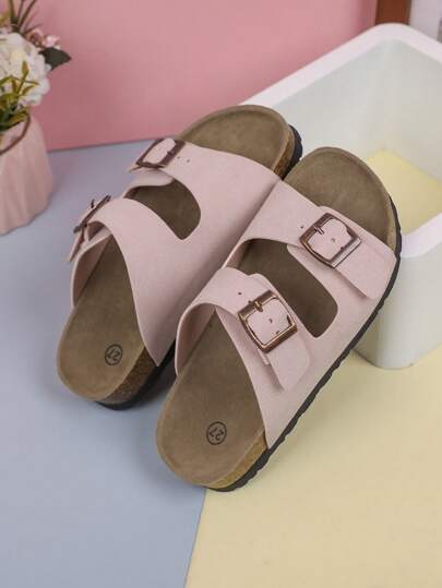 1 双男士纯色软木和 PU 防滑圆头休闲沙滩拖鞋，适合夏季