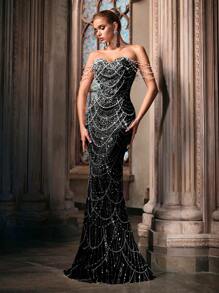LUVISTRUE Fairy Temperament Pearl Decoration Formal Dress Women Sequins Evening Gown For Graduation Season Prom, Birthday Party, Galas, Cocktail Party, Concert, Award Ceremony Pure Color One Shoulder Floor Length Dresses - 黑色 - 查看 4