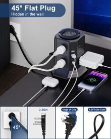 12-In-1 Tower Power Strips With Surge Protection 1080J, 8 Outlets With 4 USB Ports (2 USB C), 6.5 Long Extension Cord With Multiple Outlets 1250W/10A Flat Plug Power Strip Protector - Xem 3