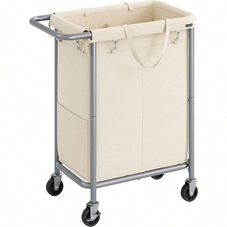 Laundry Basket With Wheels, 3-Section Rolling Laundry Hamper, 52.8 Gallons (200L), Removable Liner, Steel Frame With Handle, Blanket Storage, 35.8 X 15.4 X 31.9 Inches, Cream White URLS005W01
