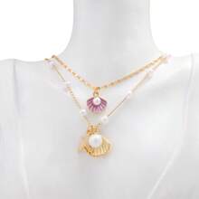 2 Stücke Sommer Halsketten Set, Strand Halskette für Frauen, verstellbare mehrlagige Halskette mit Kunstmuschel- und Kunstperlendesign. Nicht fixierte Sommer Ozean Halskette