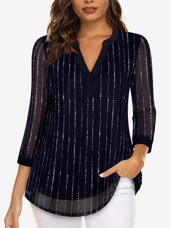 CheersLife 女士大码 3/4 袖衬衫 休闲 V 领正装衬衫 双层网眼束腰上衣