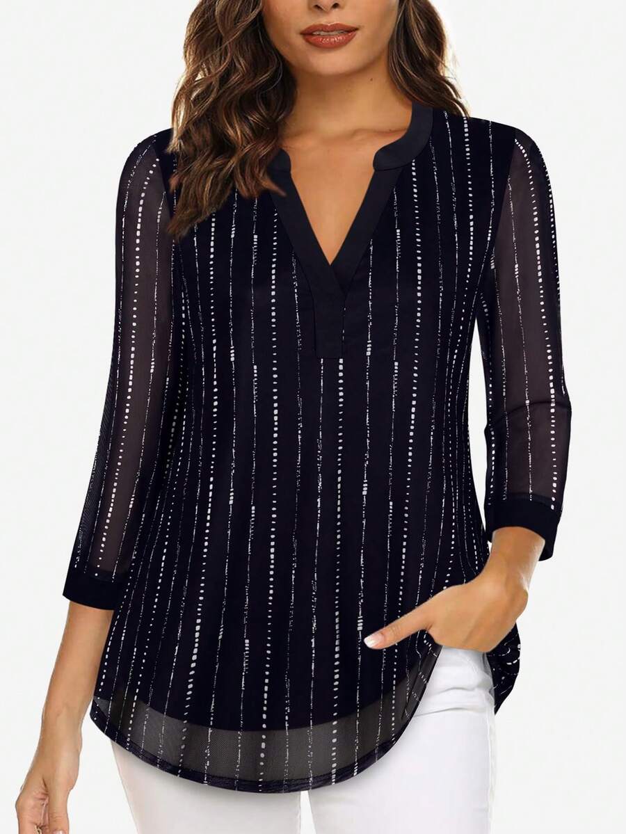 CheersLife 大码女式七分袖V领休闲衬衫，双层网纱腰部系带上衣 - 黑色 - 查看 1
