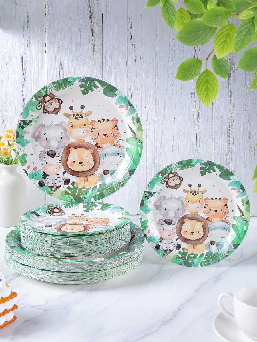 7/9 Inch Jungle Green Border Animal Disposable Paper Plates, Jungle Animal Disposable Plates, Party Supplies, Animal Disposable Party, Birthday Party Gathering, Gift Party, Celebration Decoration Gift