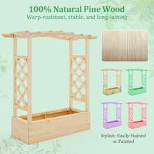 Wooden Raised Garden Bed W/ Trellis & Hanging Roof Planter Box Drainage System - Natural - View 6