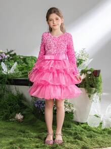 Tween Girls Sequin Trim Layered Hem Cake Party Dress With Long Sleeve - Pink - View 6