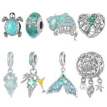 WOSTU 1 PC Ocean Series Solid 925 Sterling Silver Hermit Crab Turtle Dreamcatcher Charm Fit Original Bracelet DIY Accessories Summer Jewelry - Silver - View 12