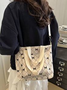 Fashionable Contrasting Color Full Body Bow Print Women's Crossbody Bag With Diamond Grid Side Pocket Shoulder Bag, Suitable For Shopping, Wallets, Shopping, Young Women, College Students, Newcomers, White-Collar Workers. They Are Very Suitable For Offices, Universities, Work, Business, Commuting, Outdoor Activities, Travel, And Outings