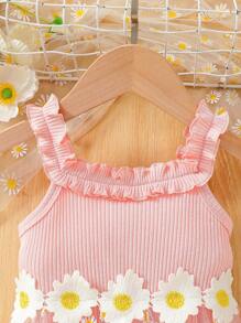 Baby Girl Cute Daisy Pattern Mesh Ruffle Hem Strap Patchwork Daisy Trim Mesh Dress, Summer - Pink - View 4