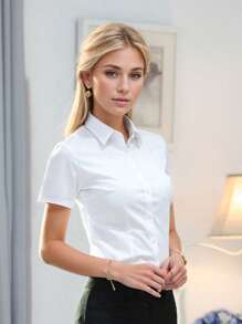 Blusa de manga corta blanca para mujer, camisa interior para traje de trabajo de oficina, nuevo lanzamiento de primavera/verano 2025, atuendo profesional de negocios de verano - Blanco - Ver 5