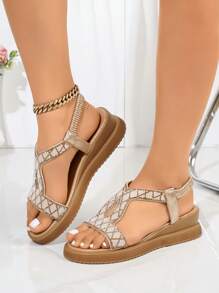 Women Fashion Rhinestone Thick Bottom Wedge Open Toe Sandals With Elastic T-Strap, Comfortable Slip On Design Suitable For Daily Commute, Vacation, Outdoor Gathering, Party And Leisure Occasions - Gold 2# - View 5