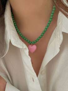 1pc Fashionable Minimalist Glass Bead Necklace With ABS Plastic Heart Charm, A Gift Or Everyday Wear