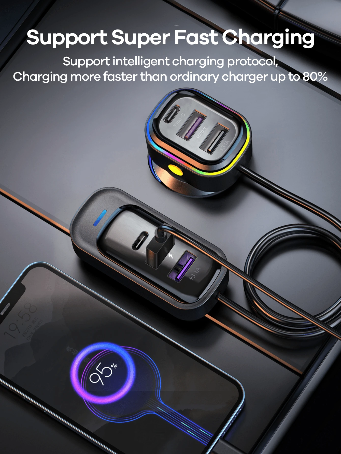 REMAX 98W USB C Car Charger With 6 Fast Charging Ports, Road Trip Essentials Cigarette Lighter Car Travel Essentials For Long Trips Kids Compatible With Iphone 16 15 Pro Max 14 IPad S24 S25 Hire Tablet, 1.5m Extension Charging Cable, Essential Car Stuff For Travel;Practical Car Accessories - màu đen - Xem 1