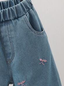 Baby Girl Embroidered Bow Straight Leg Jeans With Pockets, Sweet & Cute Style Suitable For Outgoing, Home, Party, Versatile - Blue - View 3