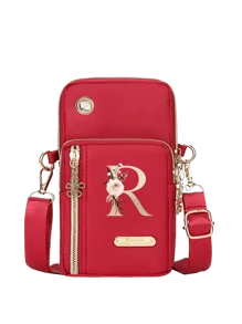 Women's Phone Pouch, Red Mini Crossbody Bag With Gold Floral & Alphabet A-Y Pattern Women's Vertical Coin Purse Sports Arm Sleeve/Running Wrist Pouch Mini Casual Crossbody Phone Bag With Earphone Hole Fashionable For White-Collar, Suitable For University, Work, Business, Commute, Office, Anniversary, Valentine's Day, Birthday, Mother's Day, Teacher's Day, Etc. - Red - View 24