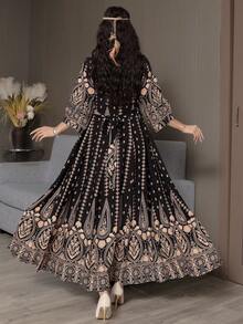 Đầm thêu phong cách Bohemian, đầm dài dáng rộng thoải mái kiểu vintage, thích hợp cho kỳ nghỉ hè, đi biển, màu đen. - màu đen - Xem 3