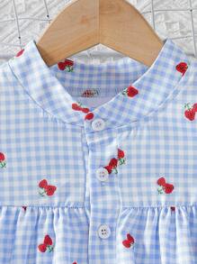 Girls Charming Sleeveless Gingham Strawberry Print Dress, Cute & Elegant For Little Girls, Suitable For Holidays & Summer Vacation - Blue - View 4