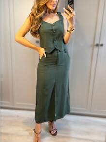 Elegant Women's Tailored Skirt And Vest Set - Army Green - View 2