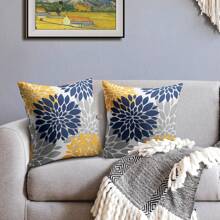 2pcs Blue & Yellow Pillowcase, Gray Gerbera Outdoor Decorative Pillow, Modern Geometric Art Farmhouse Style Pillowcase, Linen Throw Pillow Cover, Home Sofa Bed Decor (Pillow Insert Not Included) - Blue and Yellow - View 3
