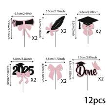 12pcs Graduation Season Cupcake Toppers, Graduation Bow, Diploma, PhD Hat Party Decorations, Multi-Color