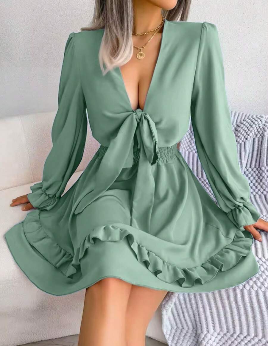 Vestido con Olán y Nudo al Frente. - verde menta - Ver 1