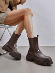 Women's Fashion Waterproof Chelsea Boots Comfy Mid Calf Platform Chunky Boots Slip On Winter Riding Ankle Booties - Brown - View 3