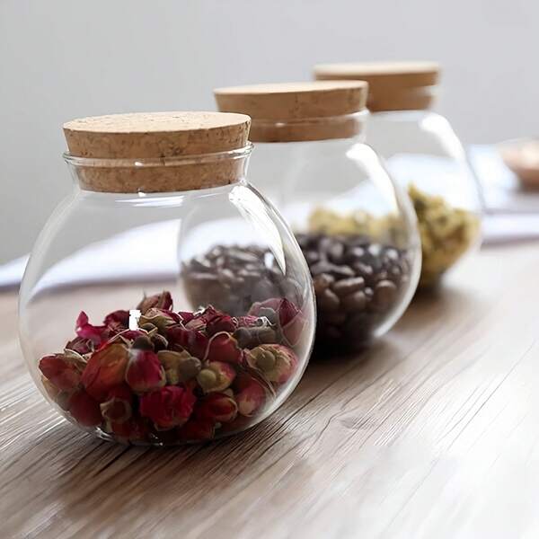 1 Pc Transparent Glass Spherical Sealed Jar, Cork Lid Storage Bottle, Glass Grain Storage Tank Tea Jar, Suitable For Storage Of Dried Fruits, Grains, And Tea Leaves