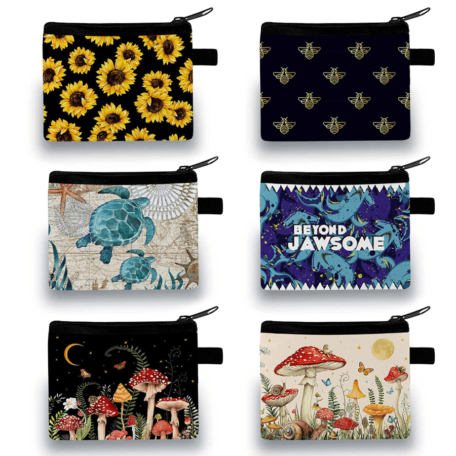 1pc Coin Purse, Polyester Material Zipper Closure Lightweight Wallet For Boys & Girls, Bee, Sunflower, Shark, Turtle, Mushroom Printed Patterns