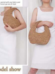 Sac à épaule mou fait main pour femme en kaki, sac cabas crescent tissé en raphia pour plage d'été