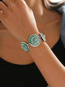 1 peça Pulseira estilo boêmio com design de girassol e flor de abóbora turquesa, pulseira vintage com flor pequena turquesa para mulheres, adequada para uso diário