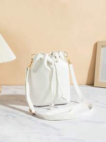 Drawstring Closure White Elegant Bucket Bag, Adjustable Shoulder Strap, Cell Phone Pouch, Fashion Minimalist Women Handbag - White - View 5
