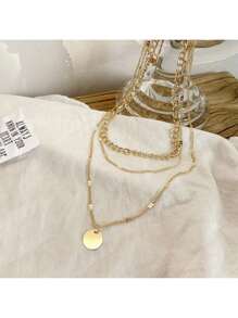 Colar Europeu Americano de Pingentes de Múltiplas Camadas Colar Feminino de Moda Feminina Colar de Cadeia de Clavícula de Disco de Contas de Ouro Único