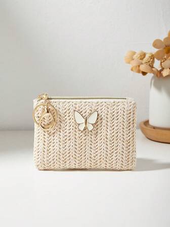 Fashionable New Straw Weave Bag Bow Decor Lipstick & Coin Purse Summer Beach Bag For Women Wallet Mini Wallet Purse Wallet Coin Wallet Wallet