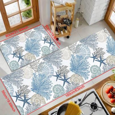 1pc Marine Creature Print Non-Slip Silica Gel Kitchen Carpet, 3D Printed Rectangular, Suitable For Living Room, Bedroom, Hallway, Bathroom, Laundry Room - Polyester Carpet For Indoor And Outdoor Home Decor