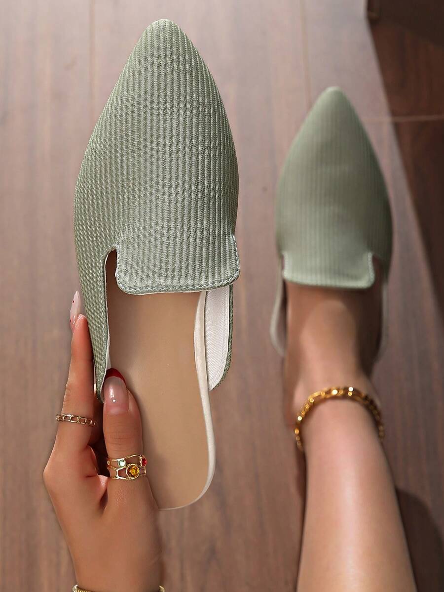 女式春秋尖头绿色条纹设计百搭大码平底一脚蹬穆勒鞋，休闲风格时尚休闲室内/室外家居拖鞋