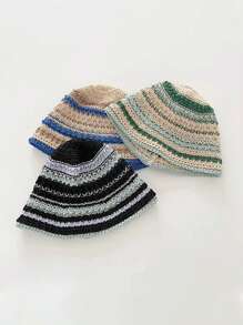 1 件装复古双色条纹草编渔夫帽，百搭女士紧凑型渔夫帽 - 彩色 - 查看 13