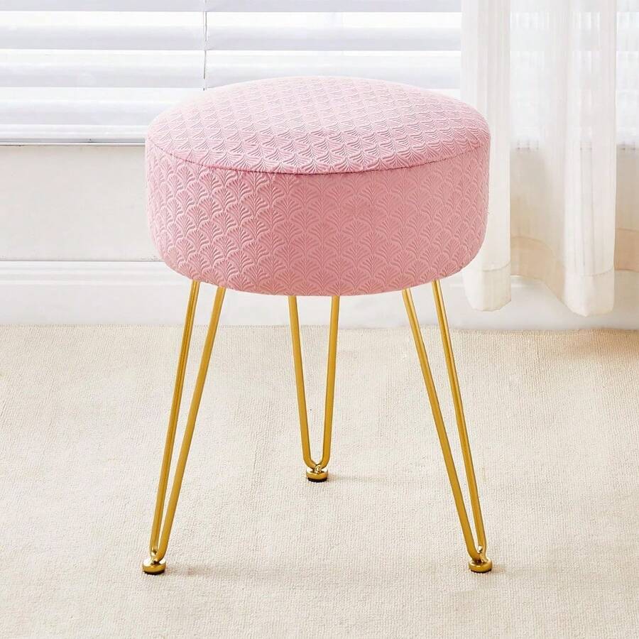 Taburete de cambiador de terciopelo, otomano, redondo, moderno, con patas de metal, para sala de estar, color rosa - Rosa - Ver 1