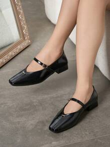 2025 Automne Femmes Mode Élégante Confortable Carrée Orteil Noir Sangle Minimaliste Ballet Flats, Talons Épais Glissant Fête Formel Vacances Sortie Polyvalente Chaussures, Babies - Noir - Voir 3