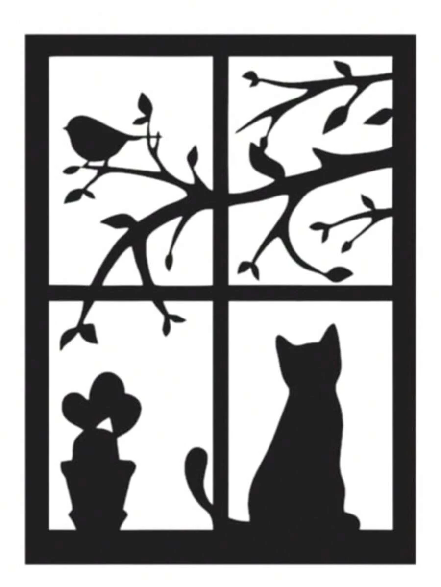 Quadro Vazado Gato Na Janela decoração Moderna Quadro MDF Preto decorativo