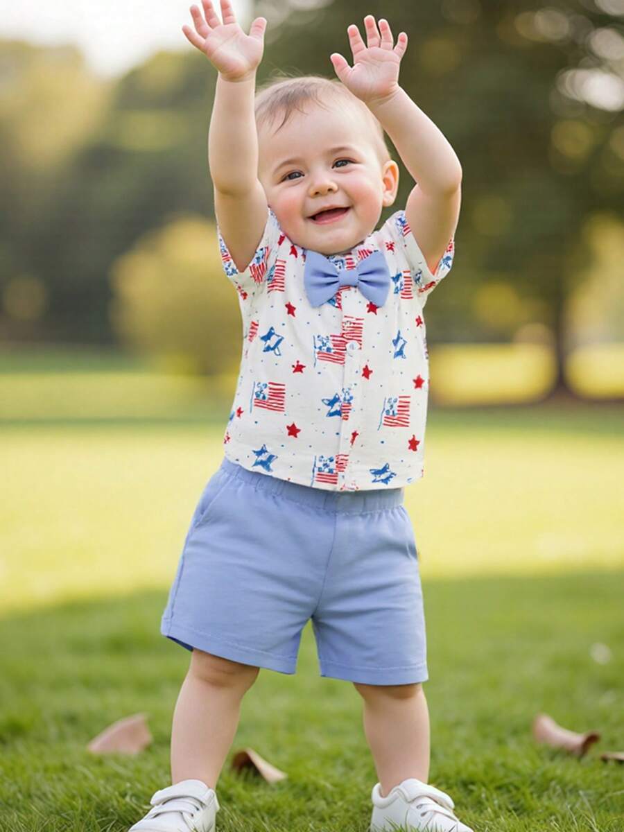 Toddler Baby Boy 4th Of July Outfit American Flag Print Button Down Turn Down Collar Short Sleeve Shirt And Shorts 2 Pcs Set - White - View 1