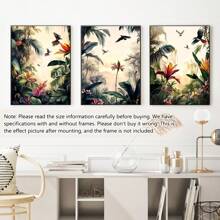 3 pièces/set Peinture de paysage de forêt tropicale imprimée sur canevas enveloppée sans cadre, set de décoration, style de peinture sur canevas moderne et déco art classique pour maison, bureau, salle de bain, salon, chambre, salle à manger - Paysage encré avec motifs de feuillage pour le printemps/été, utilisation intérieure et extérieure, thème art déco, affiches, décoration murale, accessoires de décoration moderne, botanique, animaux