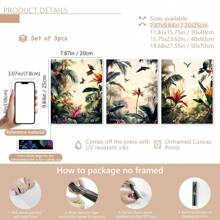 3 pièces/set Peinture de paysage de forêt tropicale imprimée sur canevas enveloppée sans cadre, set de décoration, style de peinture sur canevas moderne et déco art classique pour maison, bureau, salle de bain, salon, chambre, salle à manger - Paysage encré avec motifs de feuillage pour le printemps/été, utilisation intérieure et extérieure, thème art déco, affiches, décoration murale, accessoires de décoration moderne, botanique, animaux