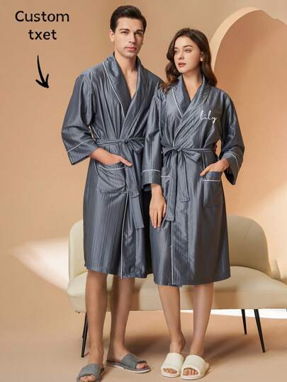1pc Personalized Men's Long Satin Robe, Silky Robe, Sleepwear, Women's Satin Robe, Striped Textured Silk 3/4 Sleeve Shawl Collar Loungewear, SPA Mid-Length Robe, Soft & Comfortable, Knee-Length, Autumn Decorative Sleepwear, Wedding, Wedding Accessories, Bridesmaid Gift. Beach Essential, Back To School Towel, Suitable For Salon, Hotel, Sports, Home Goods, Towels, Skincare